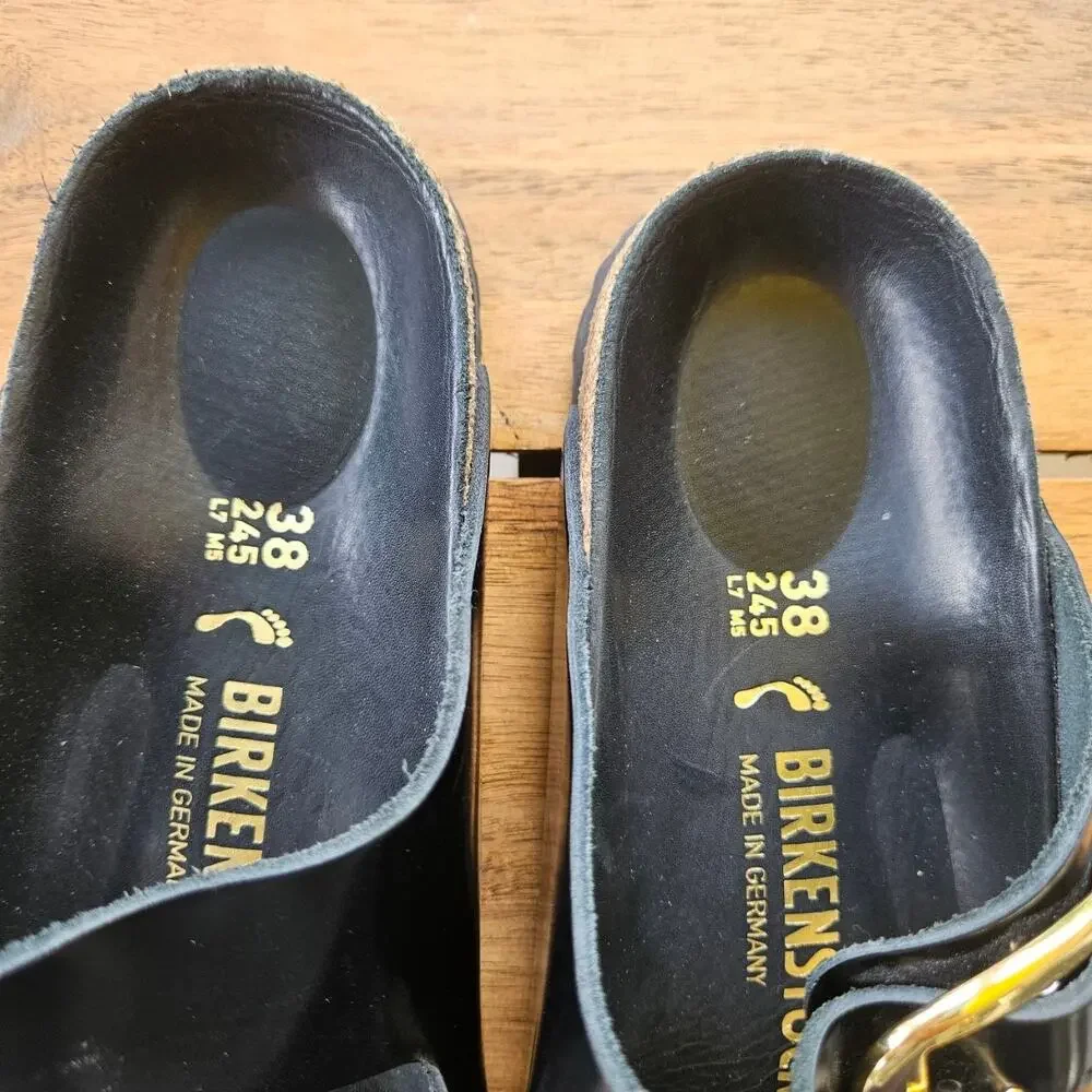 NWOT Birkenstock Arizona Big Buckle Patent Leather Sandals Black Gold EU 38